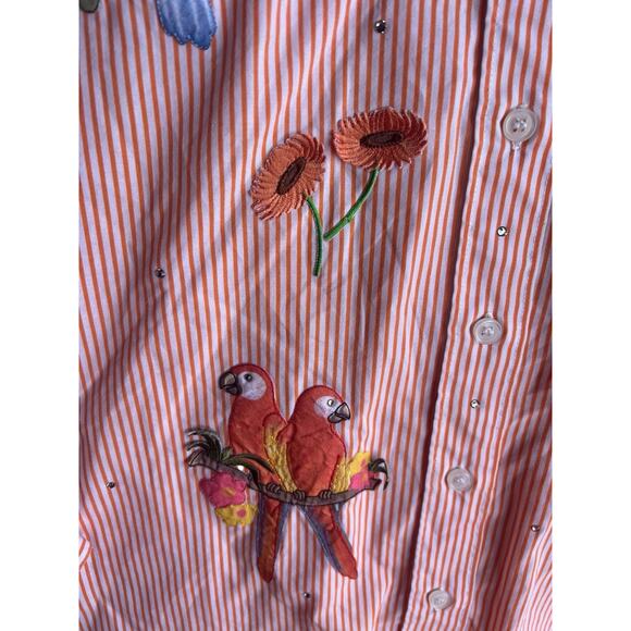 Mili Designs Women’s Button Up Shirt Orange Striped Parrots Appliqué Jewel LARGE - Picture 8 of 11